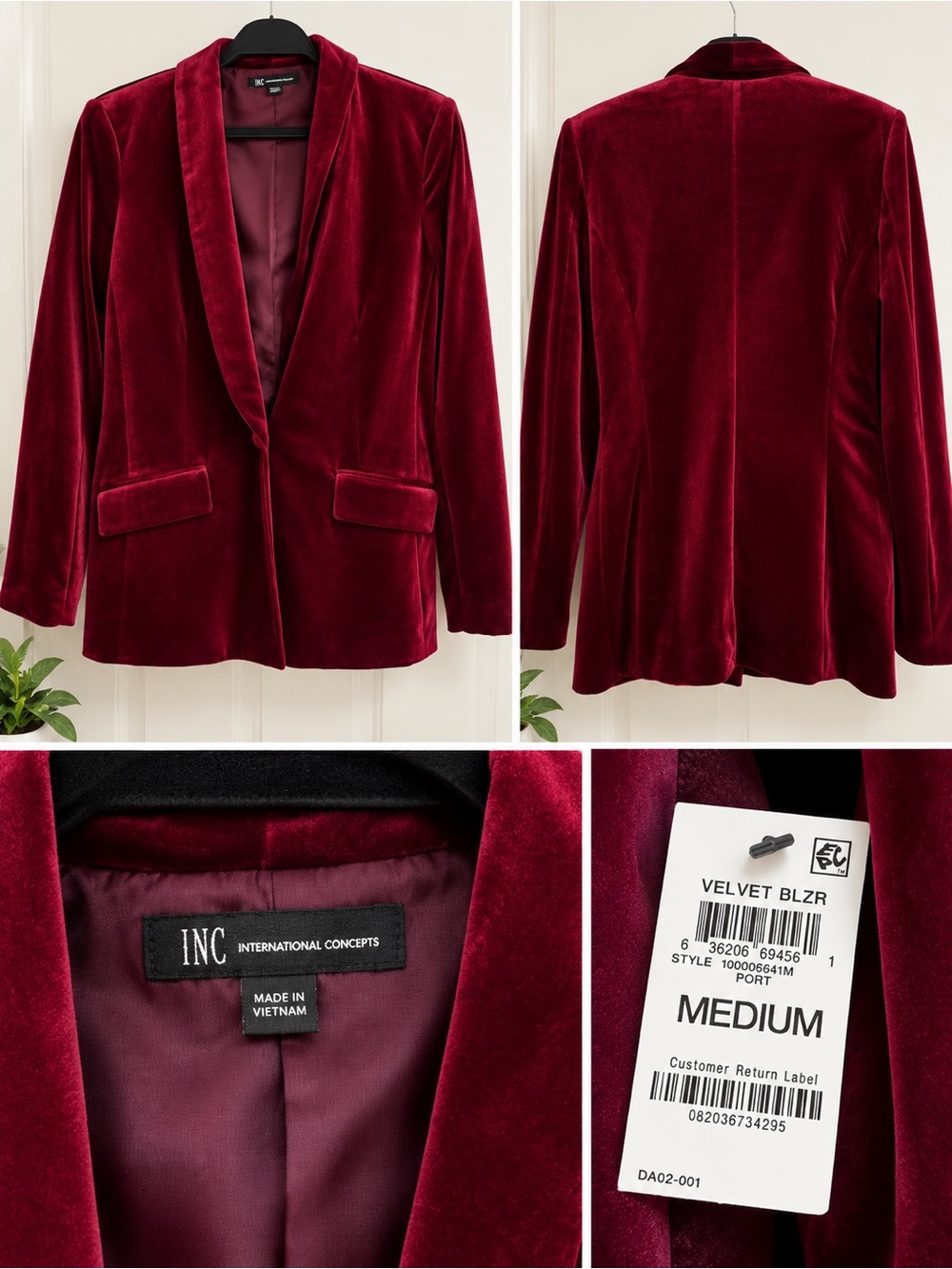 INC International Concepts Wine Velvet Blazer